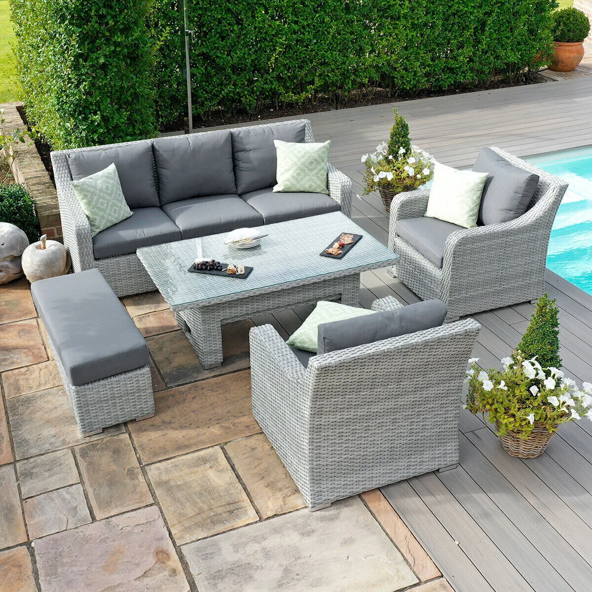 Ascot 3 Seat Rattan Sofa Dining Set with Rising Table & Weatherproof Cushions - Image 6