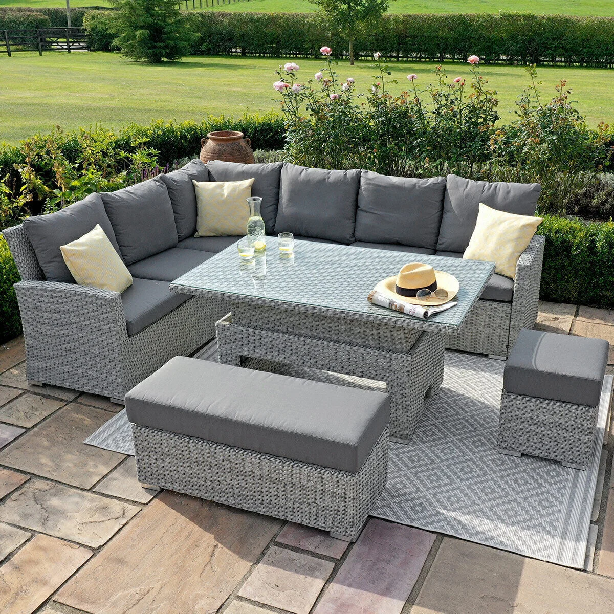 Ascot Rectangular Rattan Corner Dining Set with Rising Table & Weatherproof Cushions - Image 4