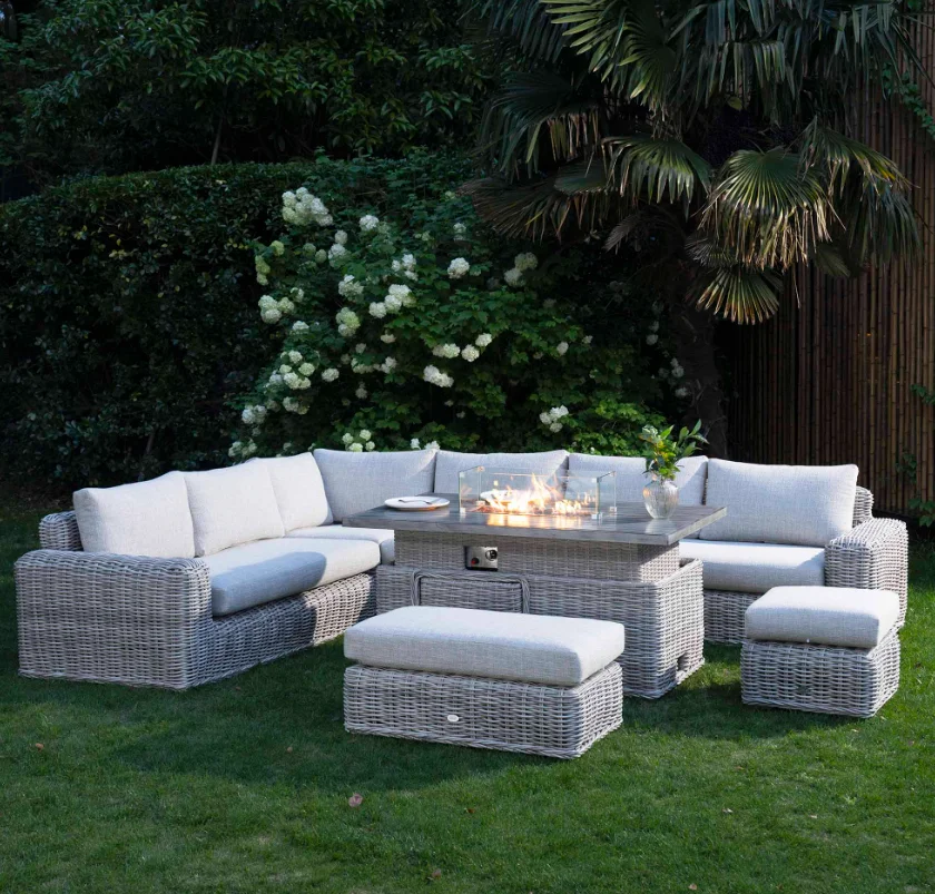 Bellagio Round Wicker Large Corner Casual Dining Set with Rising Firepit Table, Light Grey