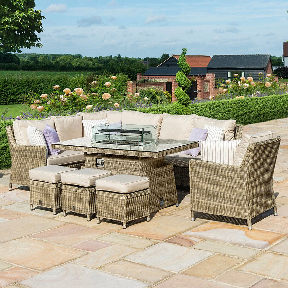 Winchester Corner Rattan Dining Set with Fire Pit Rising Table and Armchair - Image 3