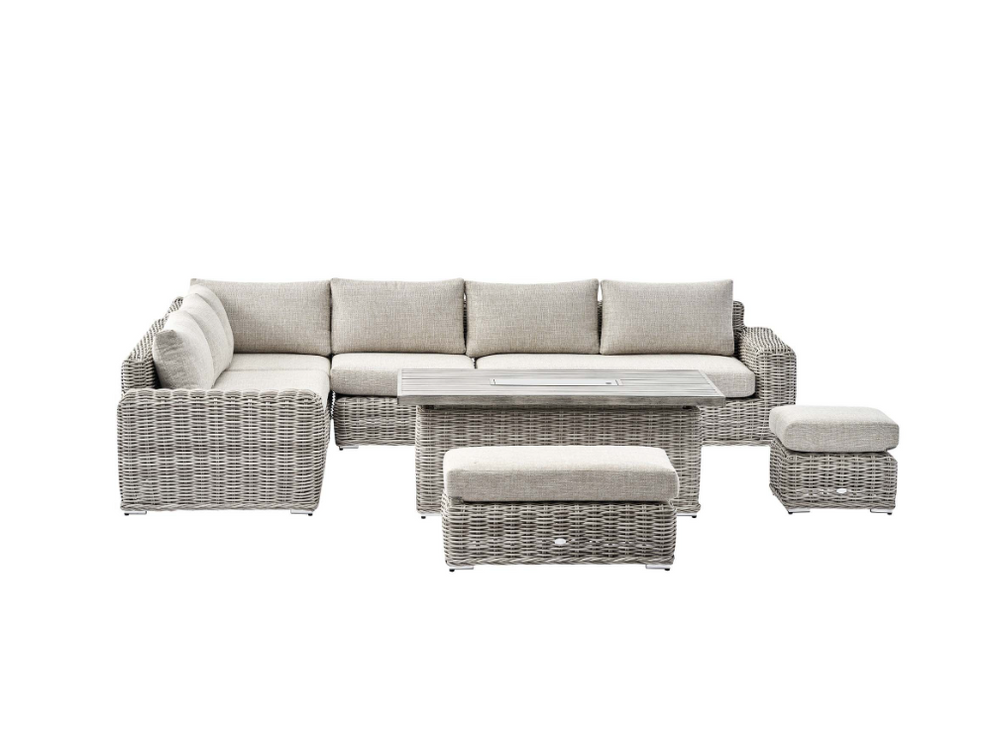 Bellagio Round Wicker Large Corner Casual Dining Set with Rising Firepit Table, Light Grey - Image 2