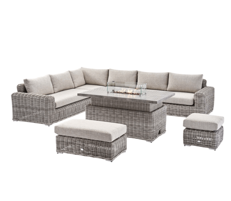 Bellagio Round Wicker Large Corner Casual Dining Set with Rising Firepit Table, Light Grey - Image 3