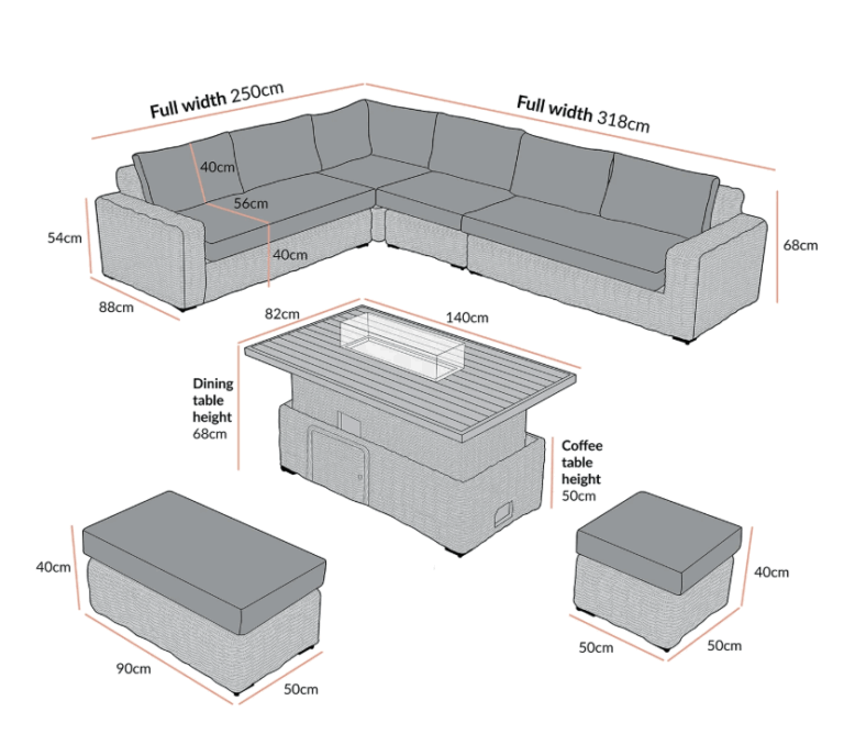 Bellagio Round Wicker Large Corner Casual Dining Set with Rising Firepit Table, Light Grey - Image 4
