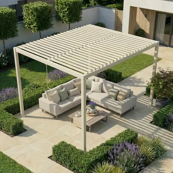 Como 3m x 4m Aluminium Garden Pergola With LED Lights - Latte