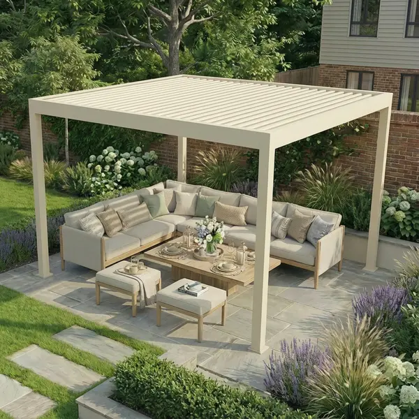 Jupiter 3m x 4m Aluminium Pergola Frame & Manual Operated Galvanised Steel Roof Louvres - Latte