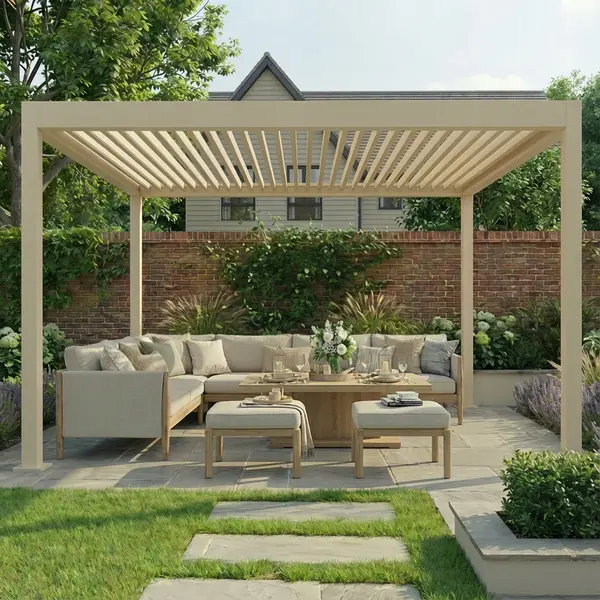 Jupiter 3m x 4m Aluminium Pergola Frame & Manual Operated Galvanised Steel Roof Louvres - Latte