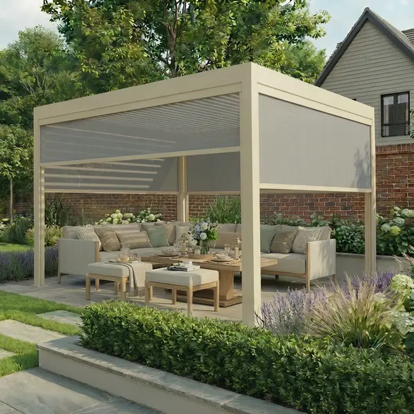 Jupiter 3m x 4m Aluminium Pergola Frame & Manual Operated Galvanised Steel Roof Louvres - Latte