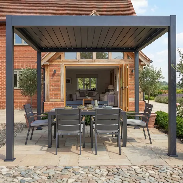 Jupiter 3m x 3m Aluminium Pergola Frame & Manual Operated Galvanised Steel Roof Louvres - Grey