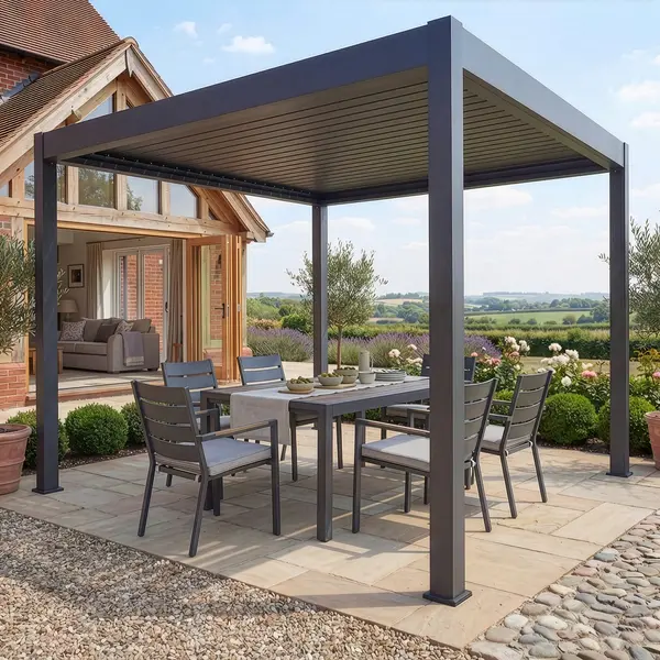 Jupiter 3m x 3m Aluminium Pergola Frame & Manual Operated Galvanised Steel Roof Louvres - Grey