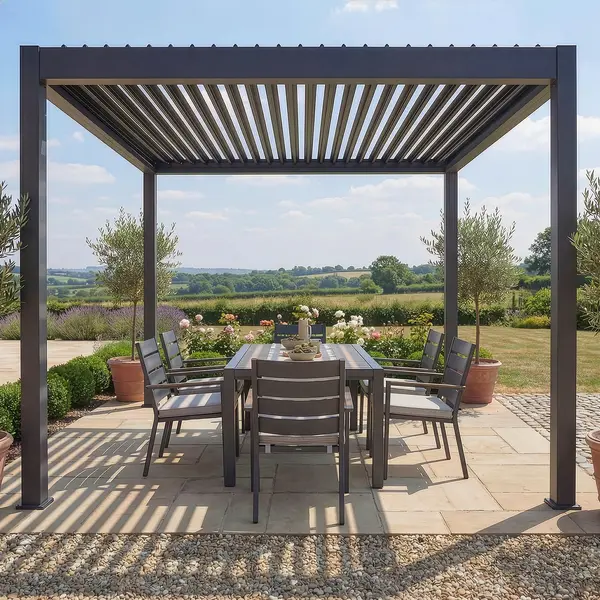 Jupiter 3m x 3m Aluminium Pergola Frame & Manual Operated Galvanised Steel Roof Louvres - Grey