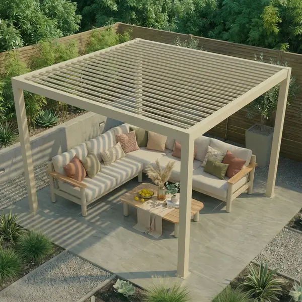 Jupiter 3m x 3m Aluminium Pergola Frame & Manual Operated Galvanised Steel Roof Louvres - Latte