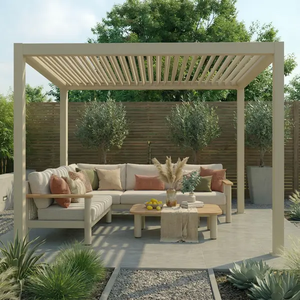Jupiter 3m x 3m Aluminium Pergola Frame & Manual Operated Galvanised Steel Roof Louvres - Latte