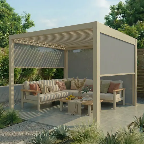 Jupiter 3m x 3m Aluminium Pergola Frame & Manual Operated Galvanised Steel Roof Louvres - Latte