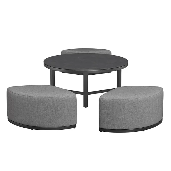 Outdoor Fabric Round Coffee Table & 3 Footstools - Flanelle