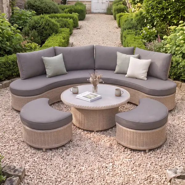 Turin Curved Rattan Corner Dining Set with Round Rising Table & Footstools - Natural