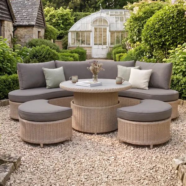 Turin Curved Rattan Corner Dining Set with Round Rising Table & Footstools - Natural