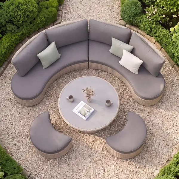 Turin Curved Rattan Corner Dining Set with Round Rising Table & Footstools - Natural