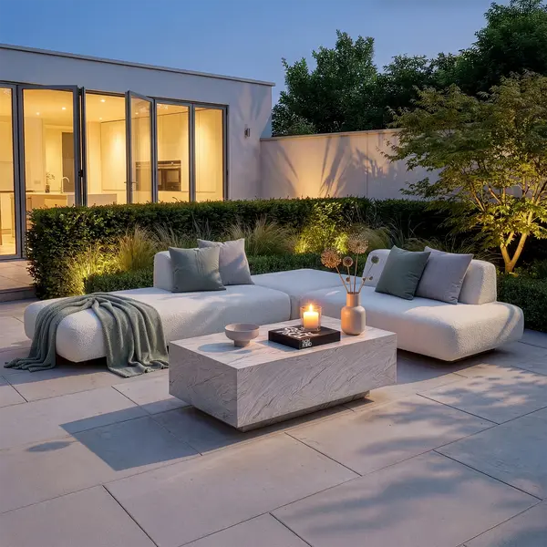 Outdoor Fabric Cannes Small Corner Sofa Set with Rectangular Marble Effect Coffee Table - Pebble
