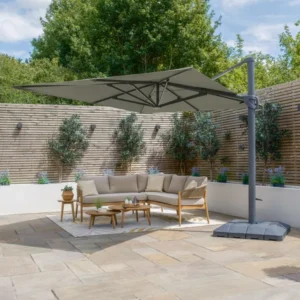 Oak Garden Land - Aramis Solar LED 3m x 4m Rectangular Rotating Cantilever Parasol with Base - Oil Green