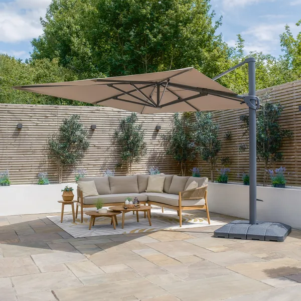 Oak Garden Land - Aramis Solar LED 3m x 4m Rectangular Rotating Cantilever Parasol with Base - White Pepper Beige