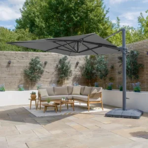 Oak Garden Land - Aramis Solar LED 3m x 4m Rectangular Rotating Cantilever Parasol with Base - Charcoal Grey