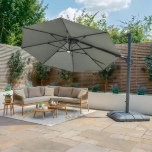 Oak Garden Land - Aramis Solar LED 3.5m Round Rotating Cantilever Parasol with Base - Oil Green