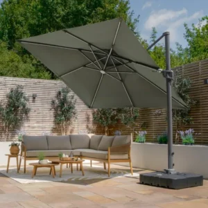 Oak Garden Land - Apollo Solar LED 3m x 3m Square Rotating Cantilever Parasol with Base - Oil Green