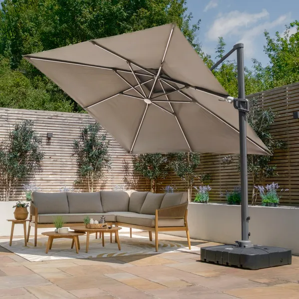 Oak Garden Land - Apollo Solar LED 3m x 3m Square Rotating Cantilever Parasol with Base - Clay Beige