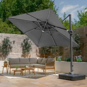 Oak Garden Land - Apollo Solar LED 3m x 3m Square Rotating Cantilever Parasol with Base - Charcoal Grey