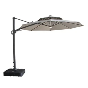 Oak Garden Land - Apollo Solar LED 3m Round Rotating Cantilever Parasol with Base - Clay Beige