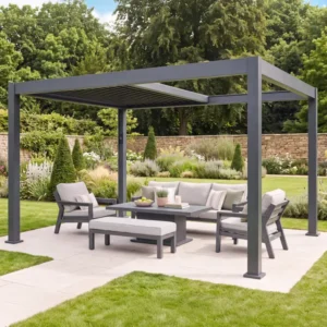 Oak Garden Land - Aurora 3m x 4m Aluminium Retractable Roof Pergola with Solar Charging LED Lights - Grey