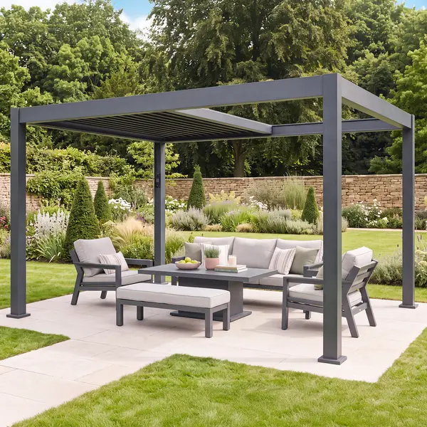 Oak Garden Land - Aurora 3m x 4m Aluminium Retractable Roof Pergola with Solar Charging LED Lights - Grey