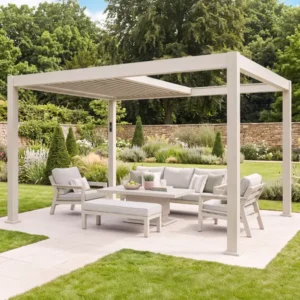 Oak Garden Land - Aurora 3m x 4m Aluminium Retractable Roof Pergola with Solar Charging LED Lights - Latte