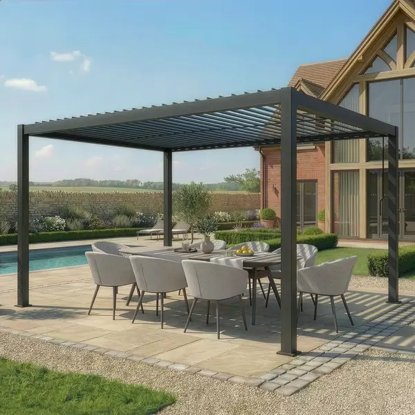Oak Garden Land - Como 3m x 4m Aluminium Garden Pergola With LED Lights - Frame Only Grey