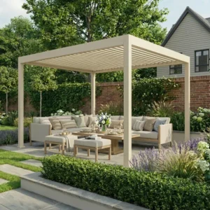 Oak Garden Land - Jupiter 3m x 4m Aluminium Pergola Frame & Manual Operated Galvanised Steel Roof Louvres - Latte