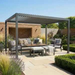 Oak Garden Land - Jupiter 3m x 4m Aluminium Pergola Frame & Manual Operated Galvanised Steel Roof Louvres - Grey