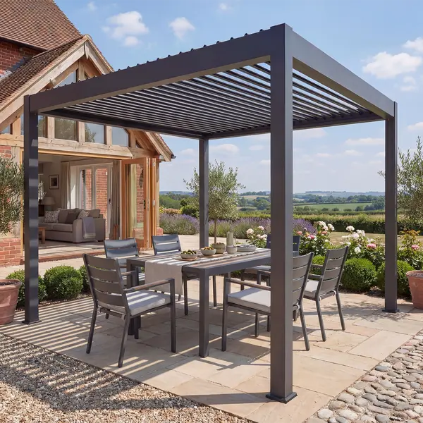 Oak Garden Land - Jupiter 3m x 3m Aluminium Pergola Frame & Manual Operated Galvanised Steel Roof Louvres - Grey