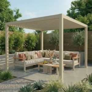 Oak Garden Land - Jupiter 3m x 3m Aluminium Pergola Frame & Manual Operated Galvanised Steel Roof Louvres - Latte