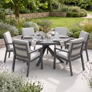 Oak Garden Land - New York 6 Seat Round Aluminium Ceramic Glass Dining Set - Dove Grey