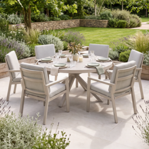 Oak Garden Land - New York 6 Seat Round Aluminium Ceramic Glass Dining Set - Latte