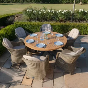 Oak Garden Land - Jakarta Teak Round Dining Table with 6 Rattan Winchester Heritage Rattan Dining Chairs