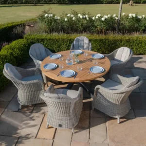 Oak Garden Land - Jakarta Teak Round Dining Table with 6 Rattan Oxford Hertiage Rattan Dining Chairs