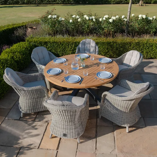 Oak Garden Land - Jakarta Teak Round Dining Table with 6 Rattan Oxford Hertiage Rattan Dining Chairs