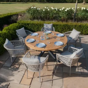 Oak Garden Land - Jakarta Teak Round Dining Table with 6 Monaco Cool Linen Rope Weave Dining Chairs
