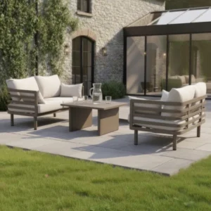 Oak Garden Land - Metro Aluminium 2 Seat Garden Sofa Set with Rectangular Coffee Table - Café Almond