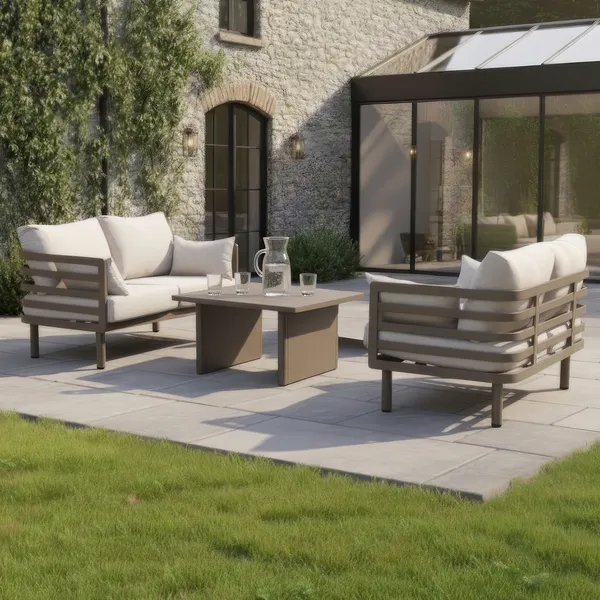 Oak Garden Land - Metro Aluminium 2 Seat Garden Sofa Set with Rectangular Coffee Table - Café Almond