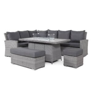 Oak Garden Land - Ascot Rectangular Rattan Corner Dining Set with Fire Pit Table & Weatherproof Cushions