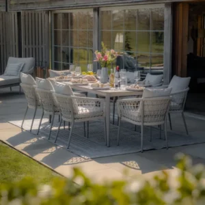 Oak Garden Land - Monaco Rope Weave 8 Seat Rectangular Dining Set - Cool Linen