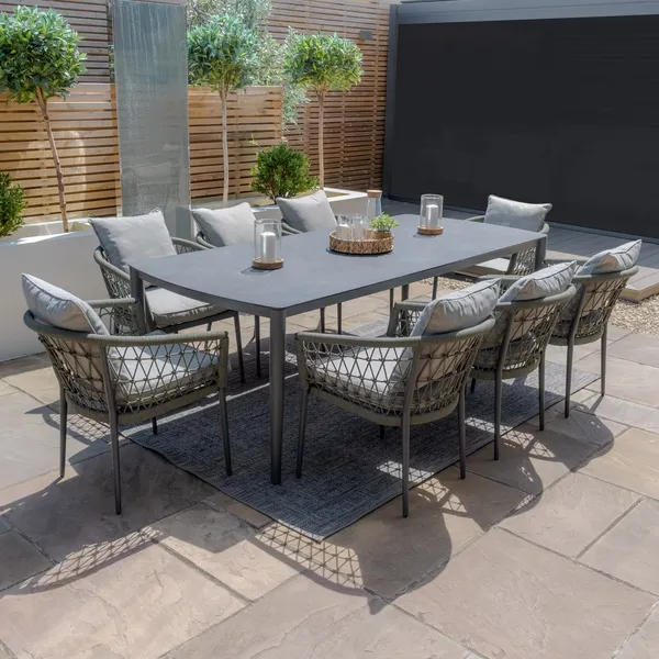 Oak Garden Land - Monaco Rope Weave 8 Seat Rectangular Dining Set - Ivy Green