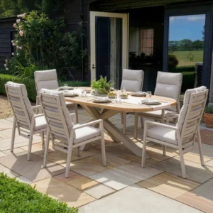 Oak Garden Land - Sicily Teak 6 Seat Dining Set with Valencia Reclining Dining Chairs - Latte
